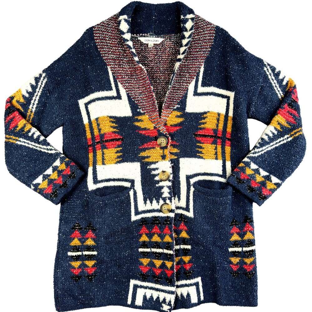 Davi & Dani Southwestern Knit Shawl Collar Cardigan, Size S – Navy Multi